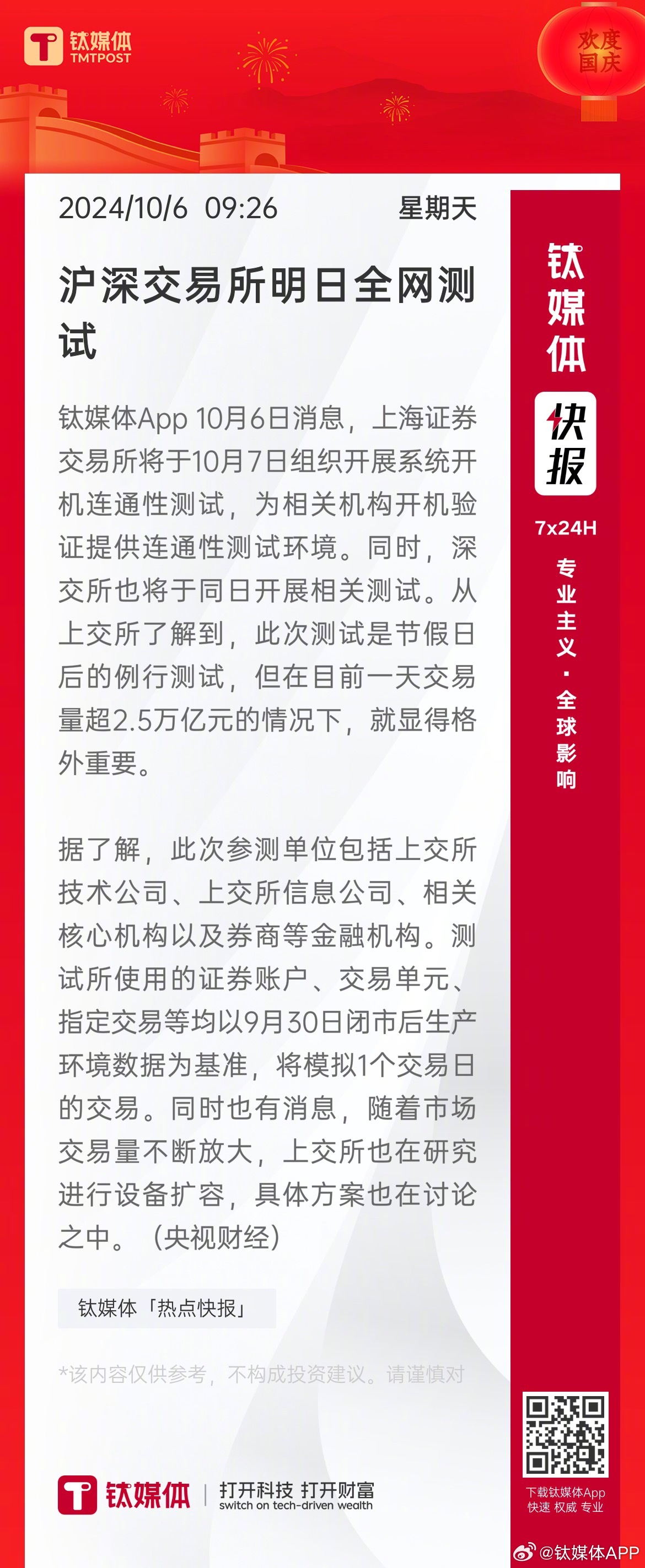 沪深交易所今全网测试