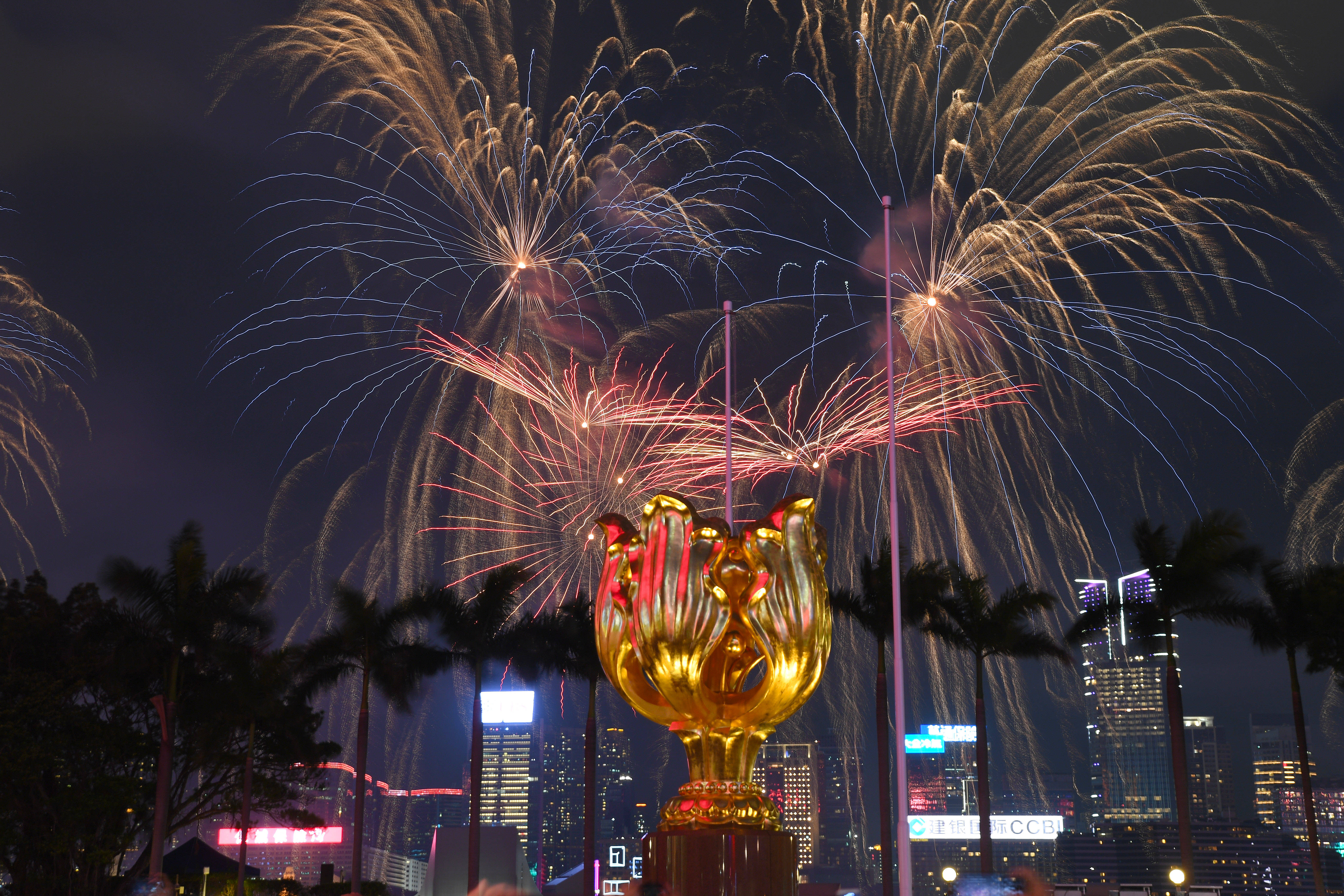 特写：绚烂烟花耀香江，共迎国庆75周年