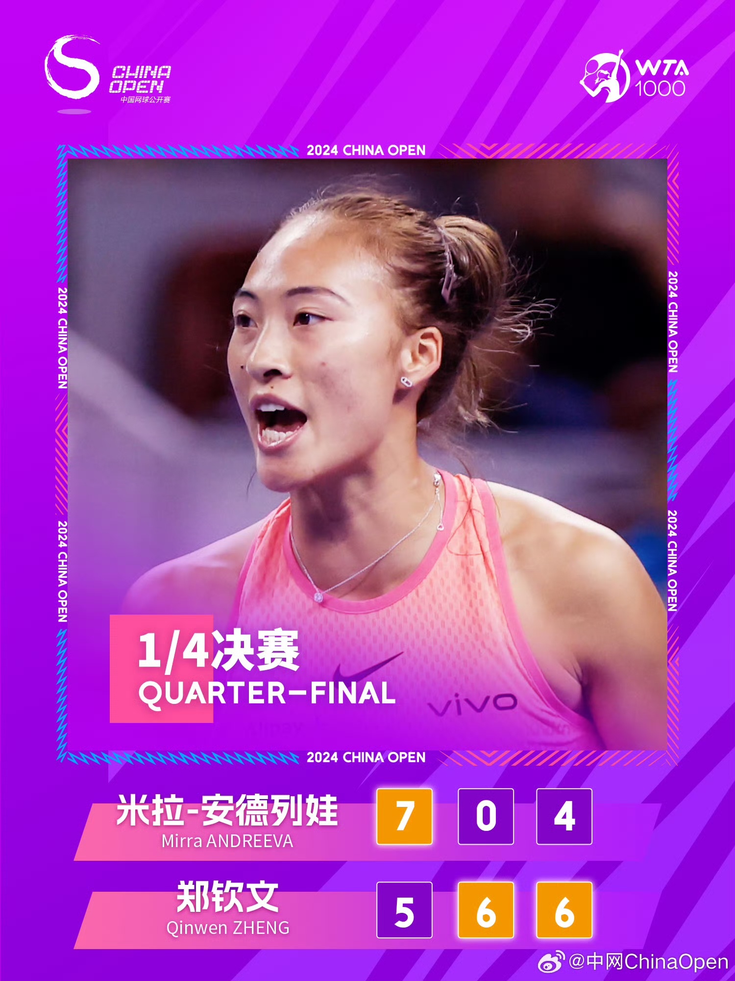 郑钦文首次打进中网女单四强 今日争夺决赛席位 郑钦文首次打进中网女单四强 今日争夺决赛席位