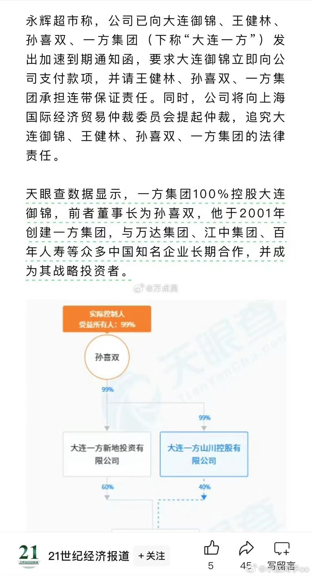 永辉超市向大连富豪追讨三亿转让款 王健林做担保意外引发风波解读