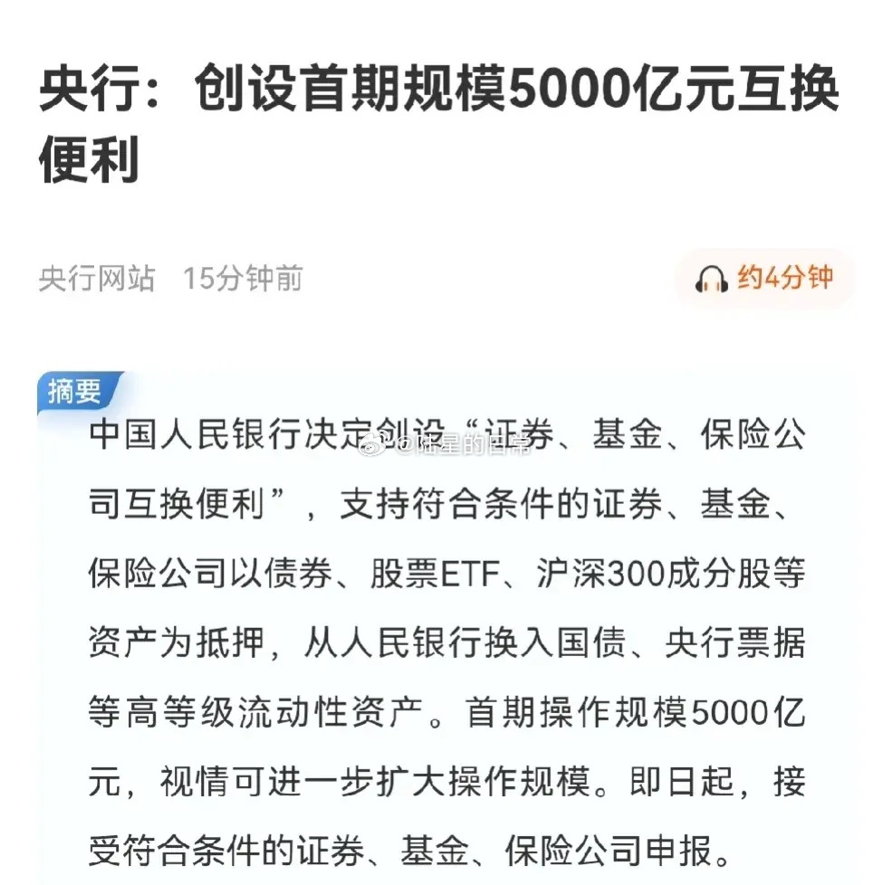 央行推出全新互换便利工具 首批资金规模达到五千亿元助力市场流动性稳定